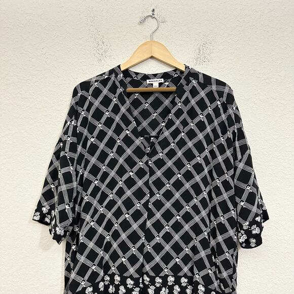 WHISTLES Crosshatch Print Luna Dress Black White Shift Mini V-Neck - Picture 3 of 10